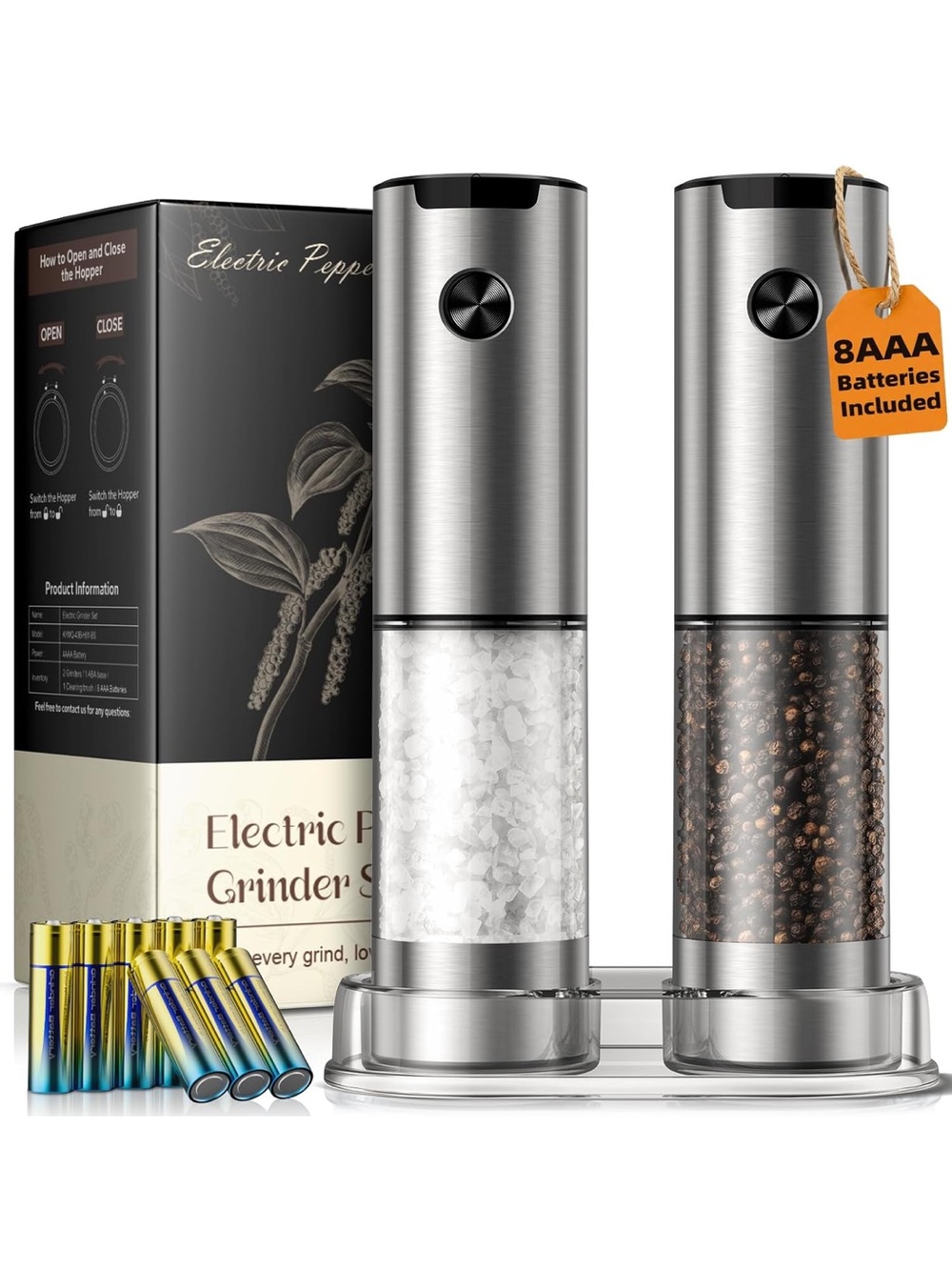 Electric Pepper Grinder Set in Brushed Stainless Steel